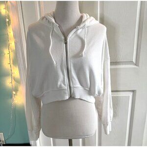 Hollister White Cropped Zip up Hoodie with Drawstrings Size Small